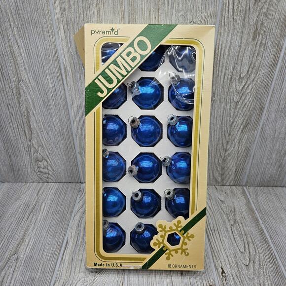 Vintage Pyramid Jumbo Blue Glass Christmas Ornaments Set 18 USA Box Tree‎ Decor - Picture 1 of 6